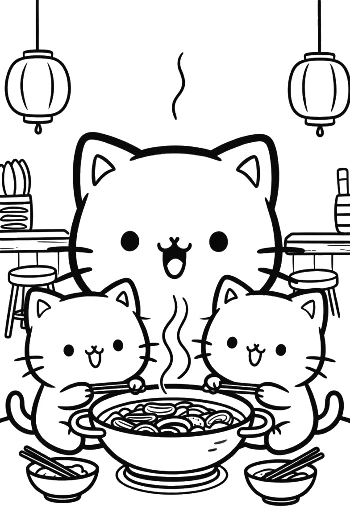 Cute Cat Family Sharing a Large Bowl of Hot Soup Printable