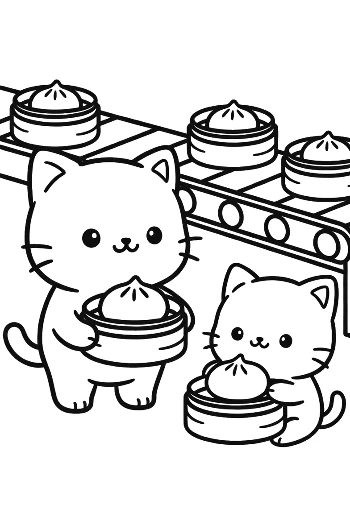 Cute Kittens Preparing Steamed Buns in a Kitchen Printable