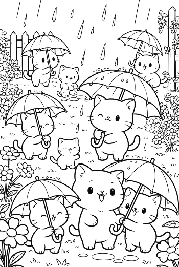 Group of Adorable Kittens Under Umbrellas in a Rain Shower Printable