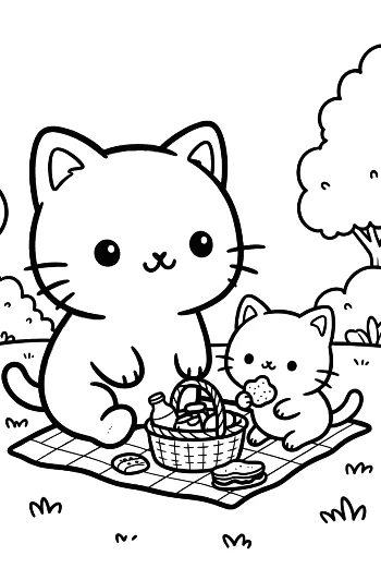 Group of Chibi Cats Enjoying a Picnic in the Park Printable