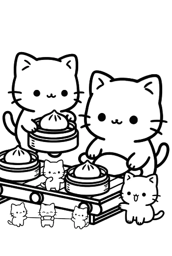 Happy Cat Family Sharing a Dim Sum Meal Together Printable