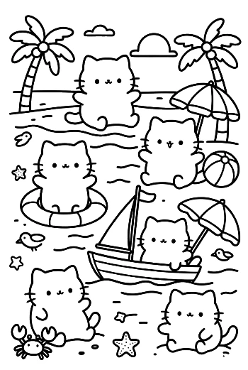 Adorable Cat Characters Enjoying a Beach Picnic at Sunset Printable