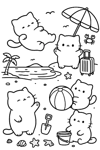 Adorable Cat Enjoying a Summer Vacation at the Seaside Printable