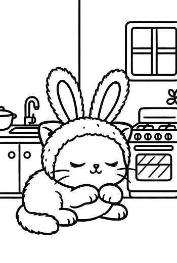 Adorable Kitten Wearing Bunny Ears Sleeping in the Kitchen Printable