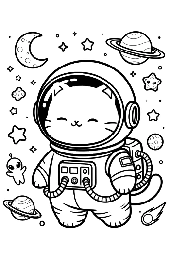 Roztomilá kočička astronautka plovoucí u rakety ve vesmíru vytištovatelná