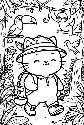 Cute Hiker Kitten Exploring a Tropical Jungle Forest Printable