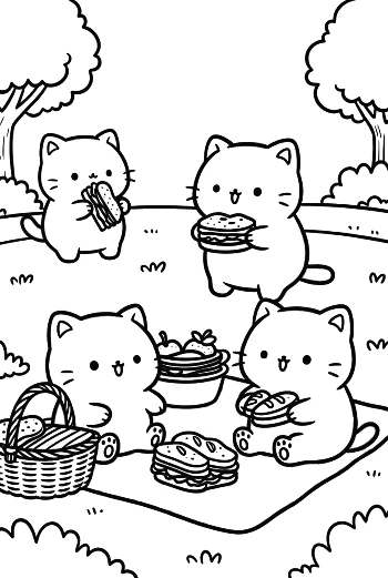 Group of Cute Kittens Enjoying a Picnic in the Woods Printable
