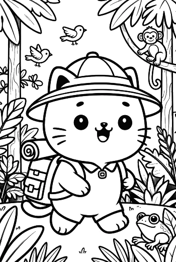 Happy Explorer Cat with a Backpack in the Jungle Printable