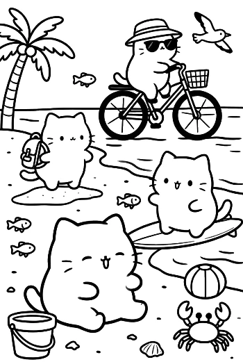 Happy Kitten Cycling on a Beach Path with a Palm Tree Printable