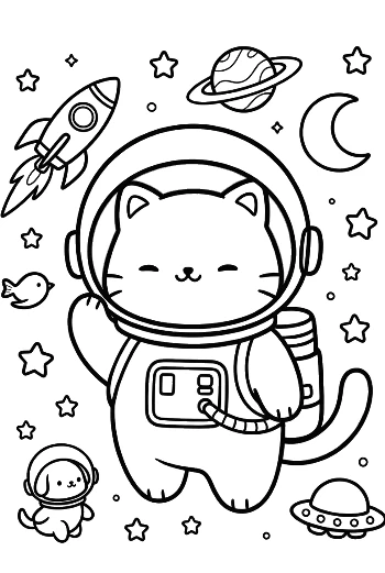 Šťastná vesmírná kočička skáče mezi hvězdami a planetami vytištitelná