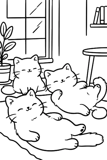 Tři roztomilá koťata odpočívající společně v pohodlné ložnici vytištitelné