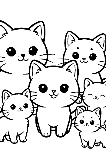 Adorable Kawaii Kitten Family Lineart