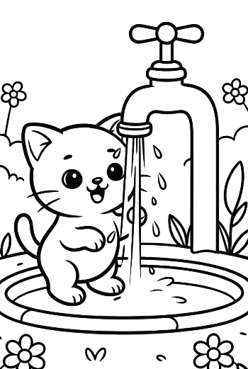 Curious Kitten Playing with Water from a Garden Tap - Fun Outdoor Kitten Coloring Page Printable