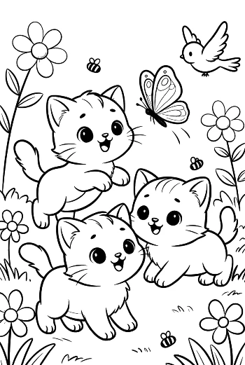 Three Cute Kittens Resting Together in a Comfortable Bedroom Printable