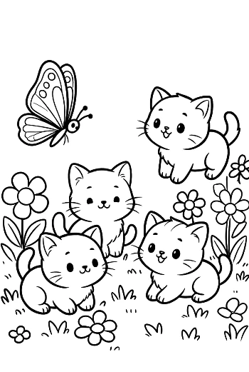 Two Cute Kittens Cuddling on a Cozy Bed Coloring Page Printable