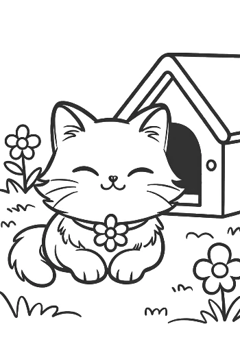 Happy Maine Coon Kitten with a Flower by Its Pet House Garden Cat Coloring Printable