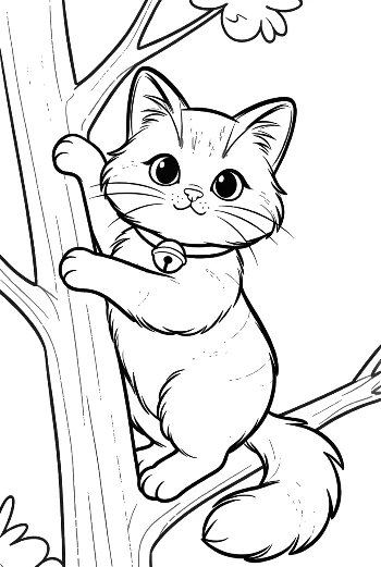 Maine Coon Kitten Climbing a Tall Tree Trunk Cute Cat Coloring Page Outdoor Nature Adventure Printable