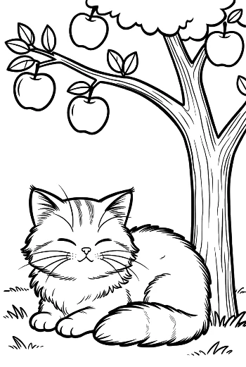 Maine Coon Kitten Curled Up Under a Tree with Falling Apples Fall Season Coloring Printable