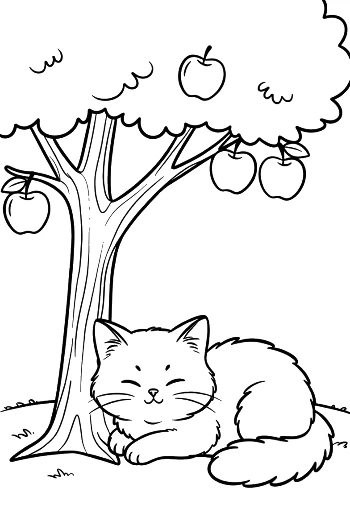 Maine Coon Kitten Lying in a Field Under an Apple Tree Rural Cat Scene Coloring Printable