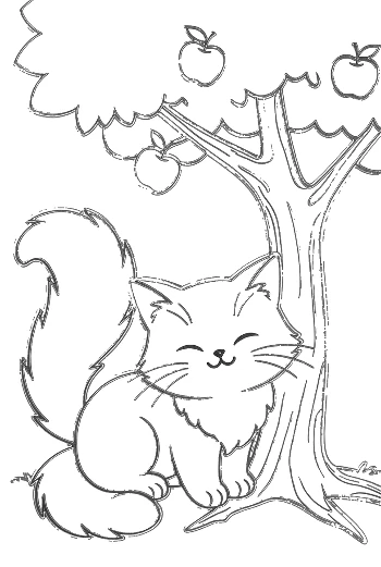 Maine Coon Kitten Relaxing in the Grass Under an Apple Tree Nature Coloring Page Printable