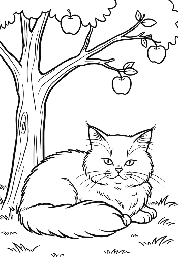 Maine Coon Kitten Resting Under an Apple Tree Peaceful Orchard Scene Coloring Printable