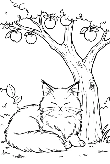Maine Coon Kitten Sitting Under a Fruit Tree in the Backyard Domestic Cat Line Art Printable