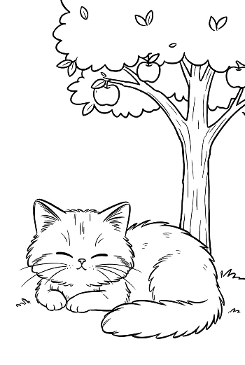 Maine Coon Kitten Taking a Nap Under a Large Apple Tree Serene Cat Illustration Printable