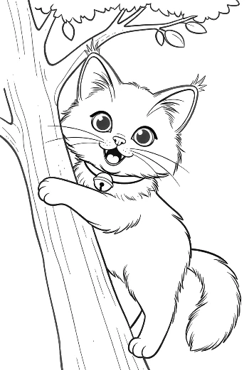Tiny Maine Coon Kitten Holding onto a Tree Trunk Sweet Animal Coloring Page Printable