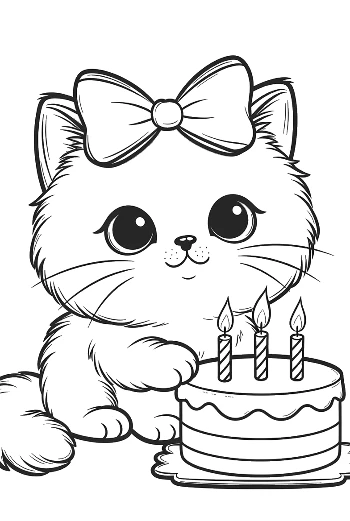 Cute Persian Kitten Celebrating Birthday with a Cake Fluffy Cat Coloring Page Printable
