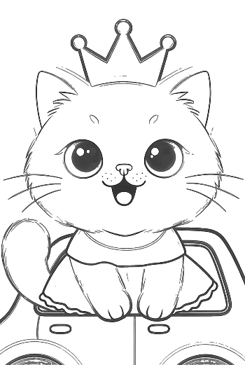 Cute Persian Kitten Princess in a Small Car Playful Kitten Line Art Printable