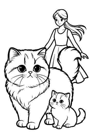 Girl with Fluffy Persian Cat and Kitten