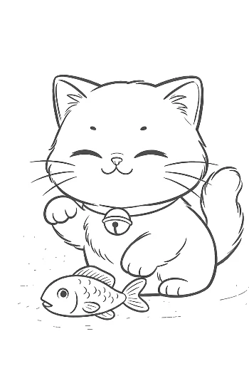 Happy Persian Kitten Catching a Fish in a Pond Fun Animal Coloring Printable
