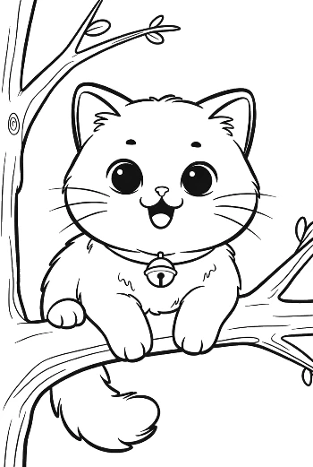 Happy Persian Kitten Sitting on a Curved Tree Branch Nature Coloring Sheet Printable