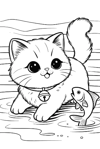 Persian Kitten by the Water with a Jumping Fish Kitten Outdoor Coloring Printable