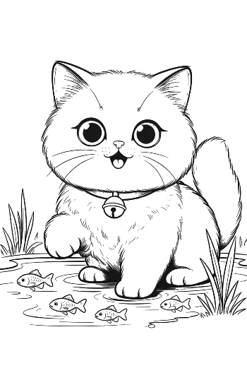 Persian Kitten Playing Near a Pond with a Small Fish Nature Line Art Printable