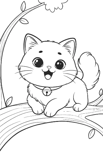 Persian Kitten Sitting on a Tree Branch Outdoor Cat Adventure Coloring Printable