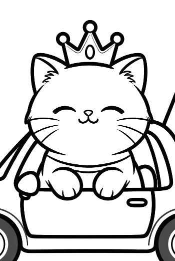 Perserkätzchen mit Krone im Spielzeugauto Spaßige Katzen Malvorlage Drucken