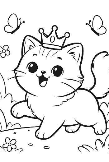 Persian Kitten Wearing a Crown in a Flower Garden Princess Cat Coloring Printable