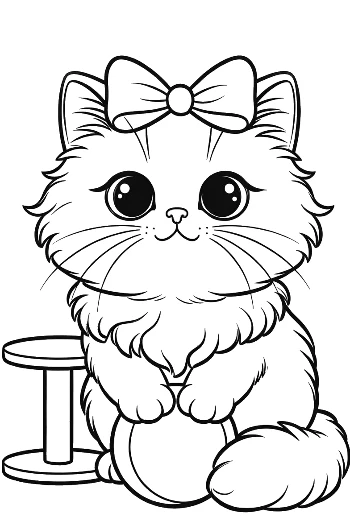 ลูกแมวเปอร์เซียคอโบว์ใหญ่นั่งสง่างาม ภาพระบายสีแมวพิมพ์ได้