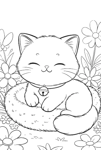 Small Persian Kitten Curled Up in a Round Basket Bed Kitten Line Art Printable