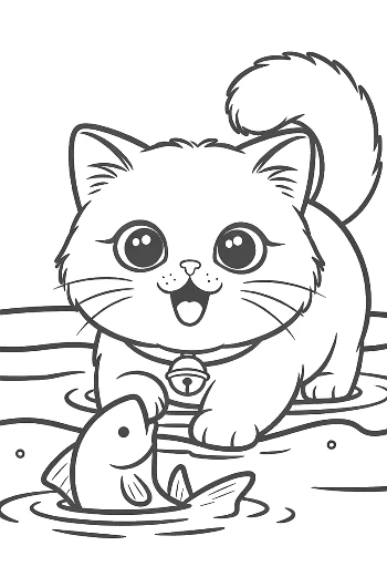 Smiling Persian Kitten Watching Fish in a Pond Serene Cat Line Art Printable