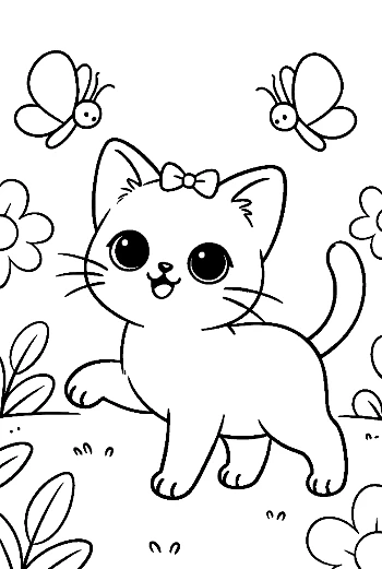 Cute Siamese Kitten Exploring a Flower Meadow Spring Cat Coloring Sheet Printable
