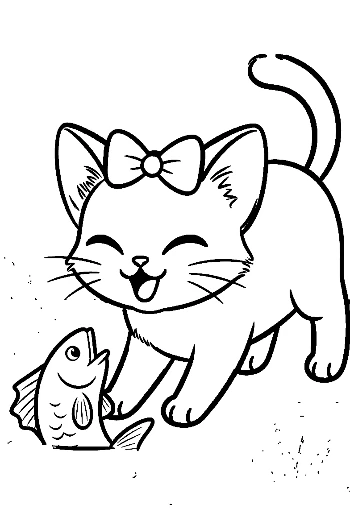 Siamese Kitten Holding a Small Fish Toy Cute Kitty Coloring Book Printable