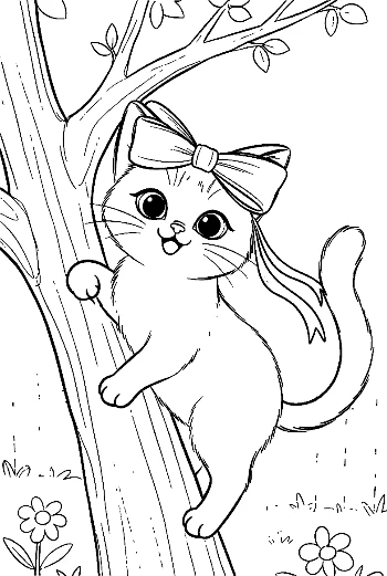 Siamese Kitten Looking Down from a Tree Curious Animal Coloring Page Printable