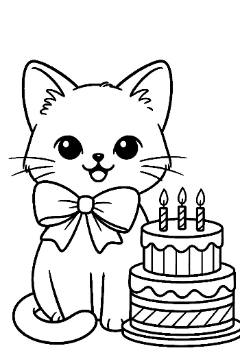 ภาพระบายสีลูกแมวสยามนั่งข้างเค้กหลายชั้นปาร์ตี้วันเกิด พิมพ์ได้