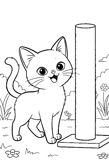 Siamese Kitten Standing by a Tall Scratching Tree Indoor Cat Coloring Printable