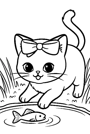 ลูกแมวสยามดูปลาทองในน้ำกลางแจ้ง ภาพระบายสีสัตเลี้ยงพิมพ์ได้