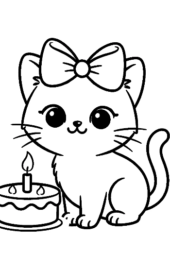 Siamese Kitten with a Big Birthday Cake Holiday Celebration Coloring Printable