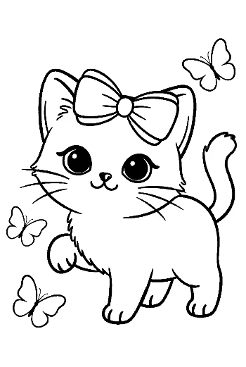 Siamese Kitten with a Bow Chasing a Butterfly Playful Coloring Page Printable