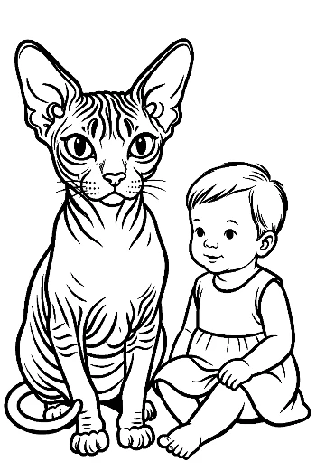Sphynx Cat and Toddler Girl Line Art
